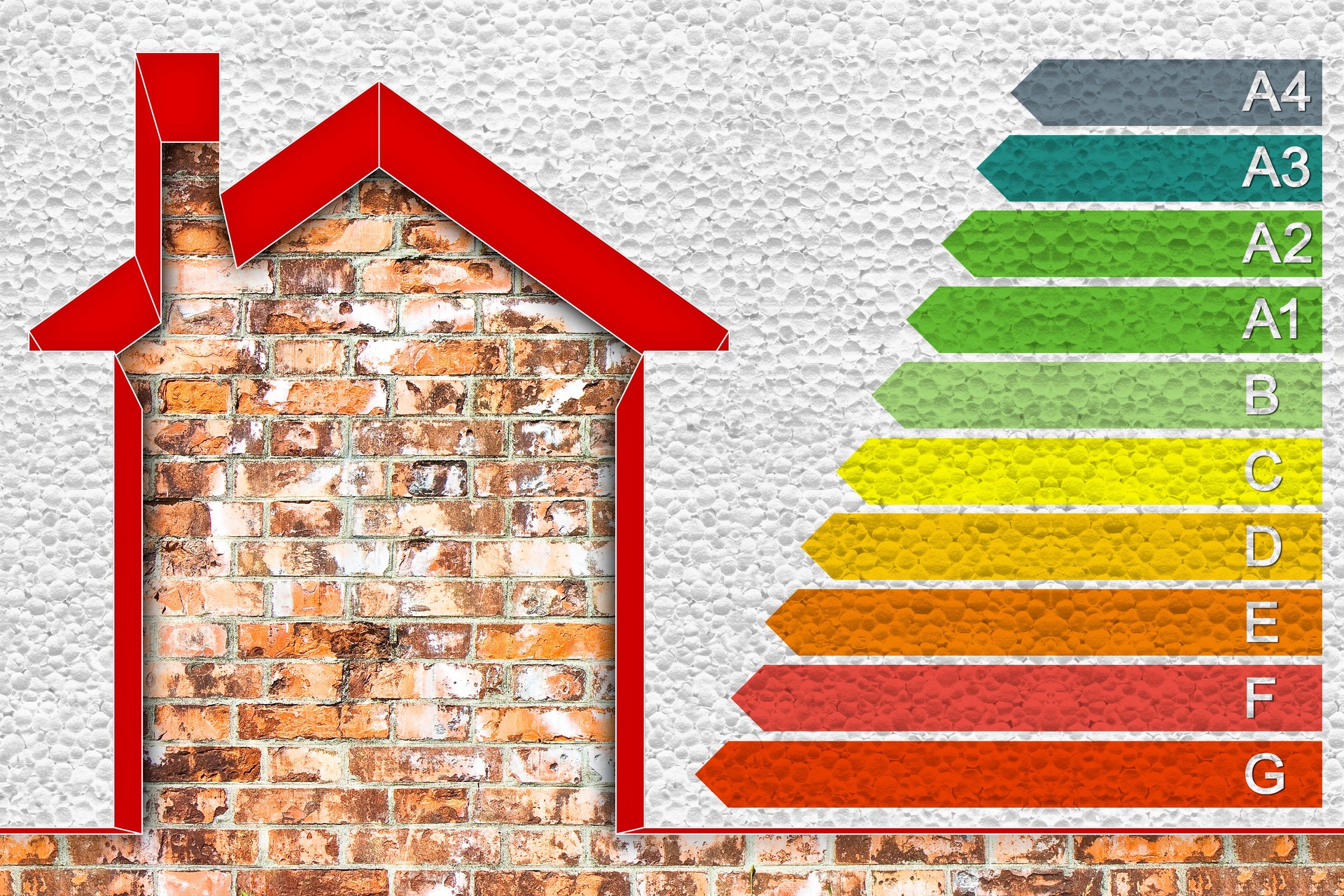 Efficacité énergétique de bâtiments. Image concept avec calorifugé avec murs en polystyrène et classes d’énergie selon la nouvelle loi européenne concernant l’efficacité énergétique qui prévoit 10 classes d’efficacité énergétique à la maison.